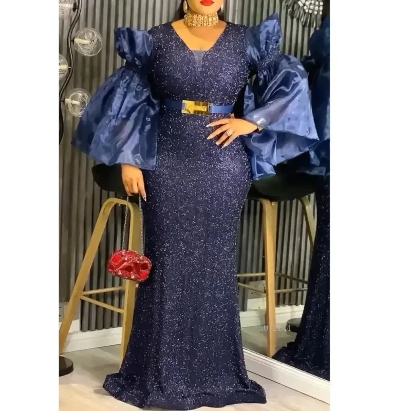 فستان ماكسي أفريقي مقاس كبير للنساء فستان ترتر على شكل حرف v مع أكمام جرس كبيرة الحجم نمط بوبو ملابس حفلات الزفاف الأفريقية #4