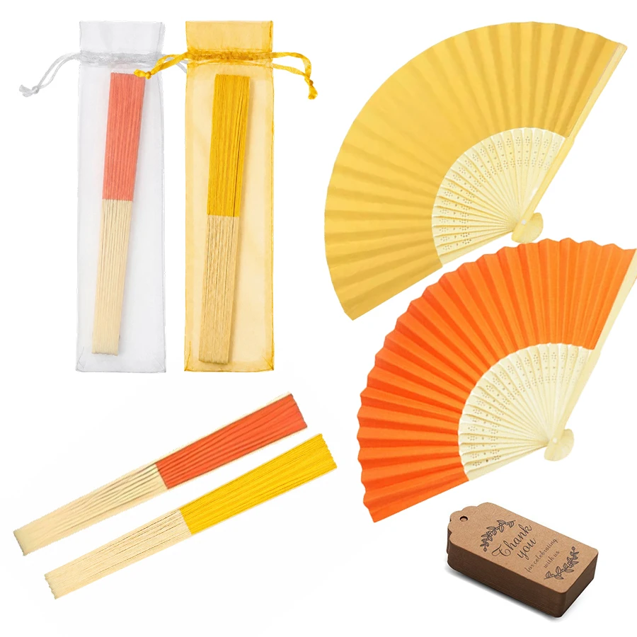 15PCS Elegant Fan Gift Set Orange Gold Color Fan with Organza Bag Greeting Card Minimalist Hand Fans For Wedding Guest Gifts ZYF