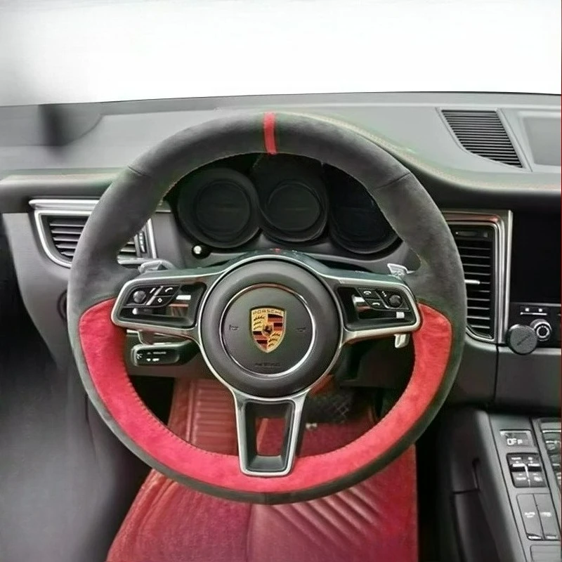 

Hand Stitched renovation Non-slip black red suede car Steering wheel cover For Porsche Taycan 718 Cayenne Cayman Macan Panamera