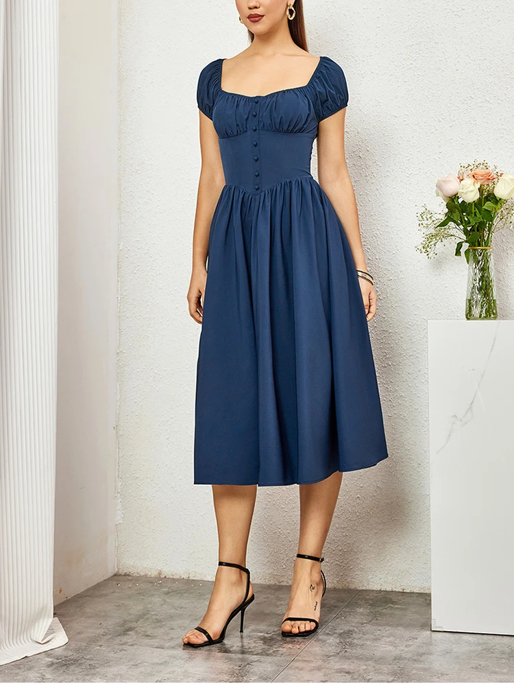 NewAsia Women\'s Short Sleeves Square Neck Midi Corset Dress Flowy Swing A line Fashion Casual Long Dresses Navy Summer
