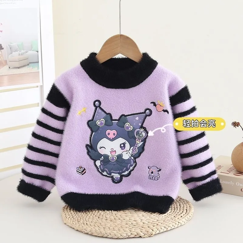 

Kawaii Kulomi My Melody Sanrio Children Cute Cartoon Comfortable Warm Knit Sweater Adding Fleece Blouse Base Shirt Gift for Kids
