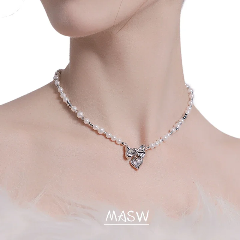 MASW Original Design Luxury Jewelry Bowknot 5A Zircon Heart Simulated Pearl Necklace For Women 2024 Trend New Accessories Gift