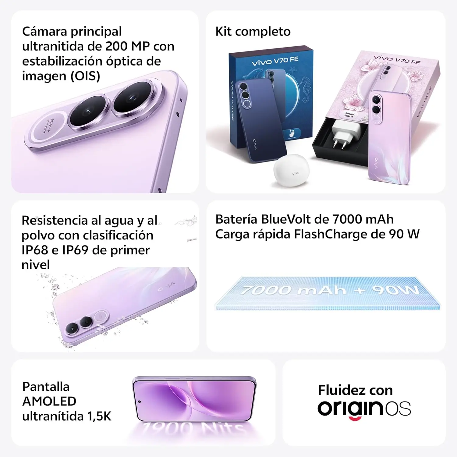 Teléfono – vivo V70 FE 5G Bundle, 8GB+256GB, Cámara de 200MP con OIS, Batería 7000mAh y Carga 90W, Pantalla 1.5K AMOLED 120Hz, IP68/IP69, eSIM, 5 años de actualizaciones, Incluye:: Auriculares Buds Air3 + Cargador 90W 6