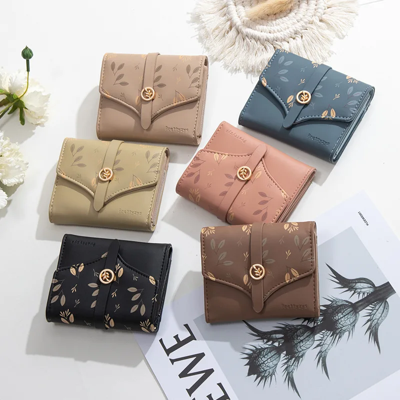 Korean Style Women Tri-Fold Wallet Leaf Floral Print PU Purse Hasp Closure Coin Pocket Multi Slots Mini Card Holder For Girls