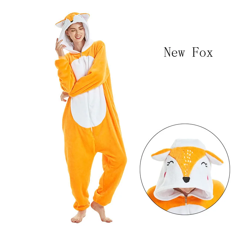 Kigurumi Unisex Adults Animal Onesies One Piece Pajamas Sleepwear Women Men Winter Cartoon Flannel Fox Deer Cosplay Costumes