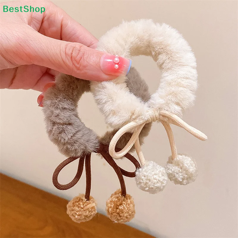 ★Lamb Hair Ball Cherry Hair Rope Cute Girl Bow Knot Hair Loop Ball Hair Ornament Elastic Hair Bands