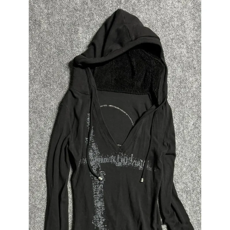 Deeptown Y2k Black Vintage Printed Hoodies Women V Neck Long Sleeve American Fashion Hooded Sweatshirt Streetwear Hip Hop Spring