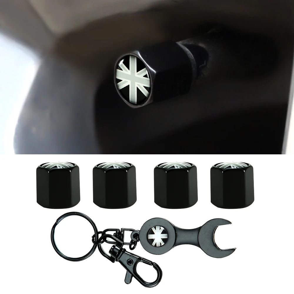 4Pcs Union Jack Flag Style Car Wheel Tire Valve Caps Cover Decoration + 1Pcs Carbon Fiber Wrench Car Accessories Valve Stem Caps