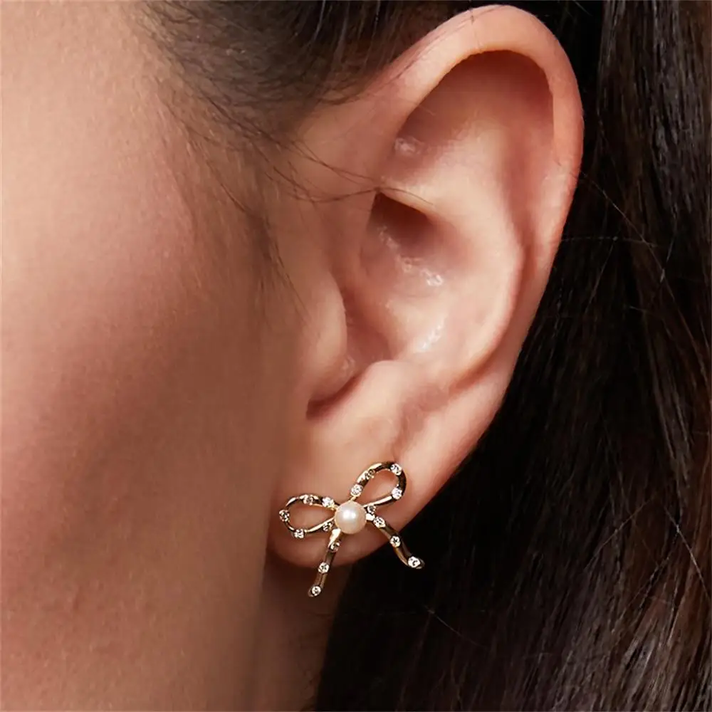 

2025 Fashion Cute Girls Gold Plated Bowknot Stud Earrings Stainless Steel Waterproof Zircon Imitation Pearl Statement Ear Studs