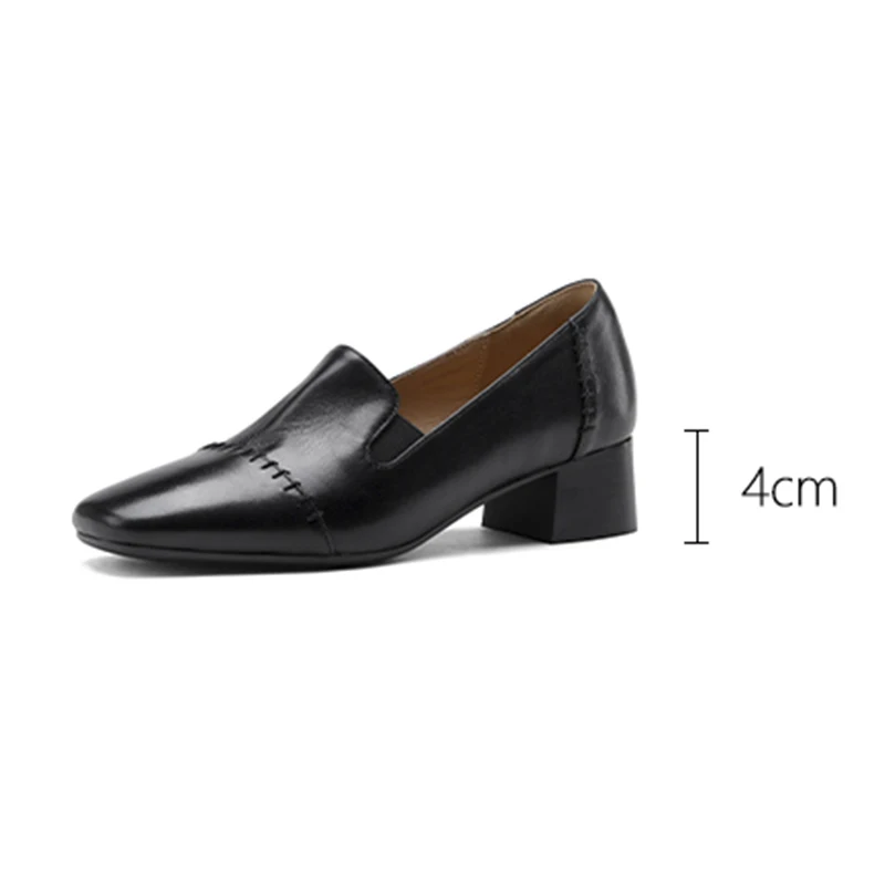 Heels Loafers Women Calfskin Leather Square Toe Slip On Chunky Sole Female Lolita Shoes Handmade
