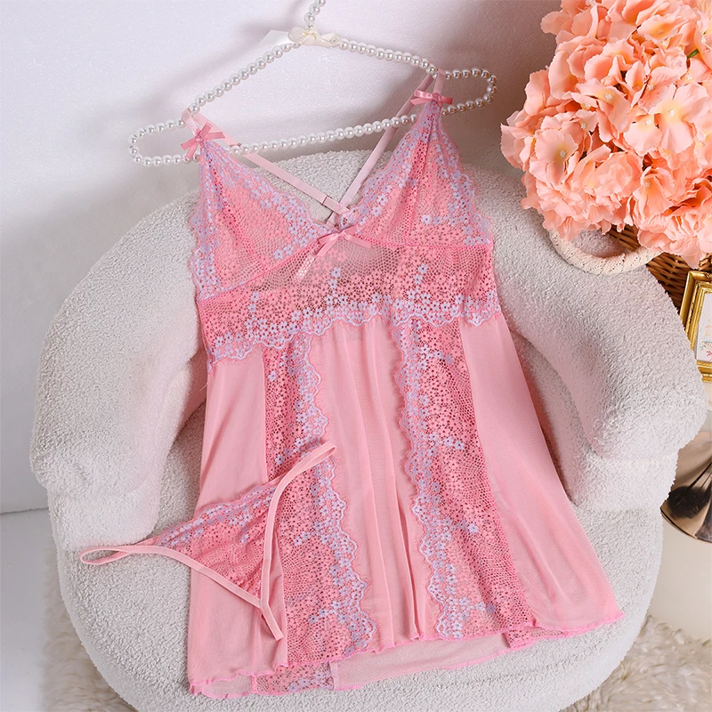 New Pink Floral Lace Sexy Lingerie Set For Women Intimates Transparent Sex Nightdress Ladies Erotic Underwear Thongs Pajama Sets