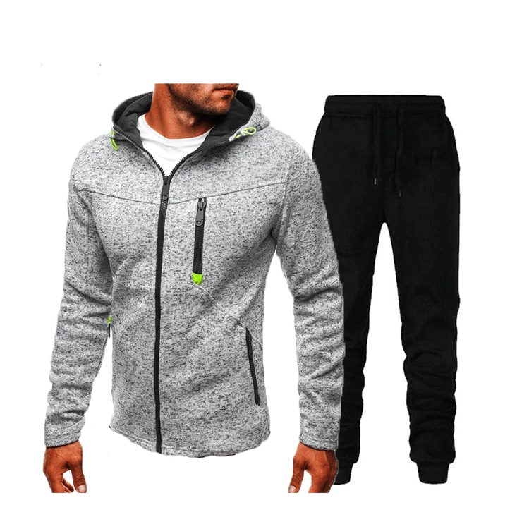 Mens Zipper Two Pieces Set Hooded Jacquard Hoodie Fleece Men Hooded Sweatshirt Pullover For Male Hoody Outerwear Male Jacket