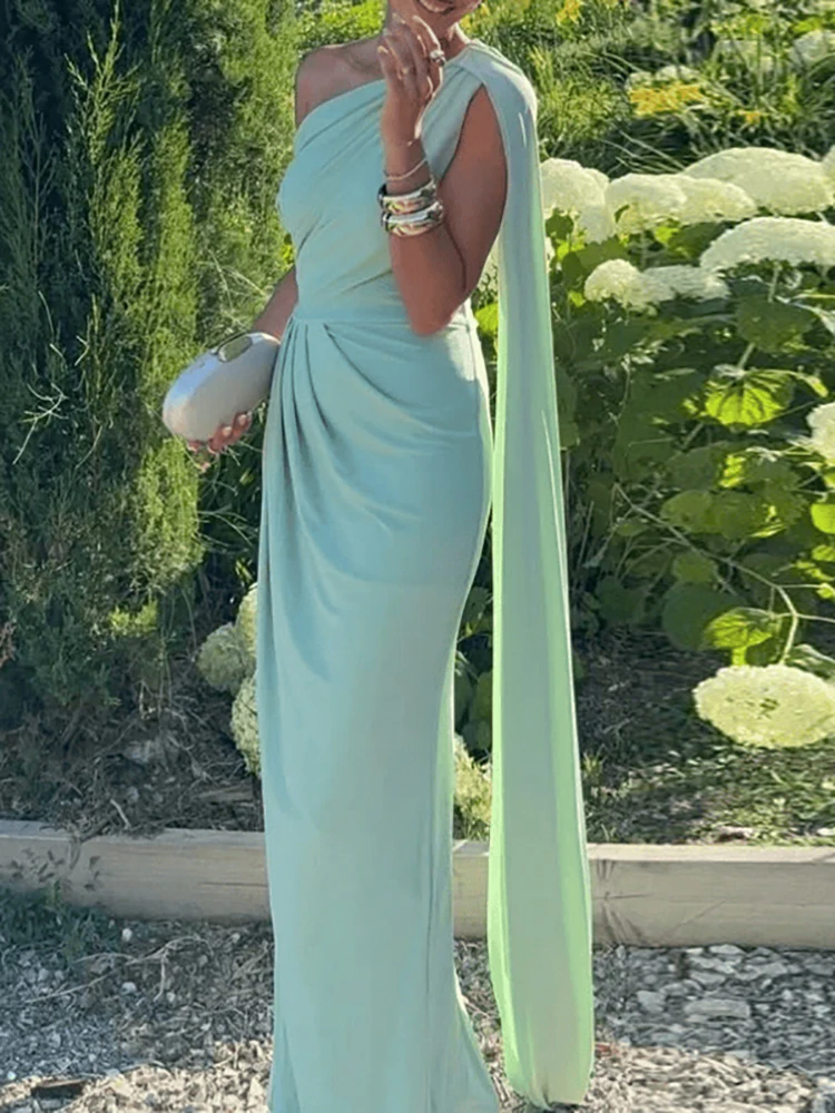 المرأة مثير بلا أكمام مزاجه فستان الحفلات موضة ثنيات عالية الخصر فستان طويل أنيق مائل طوق غير النظامية رداء فستان