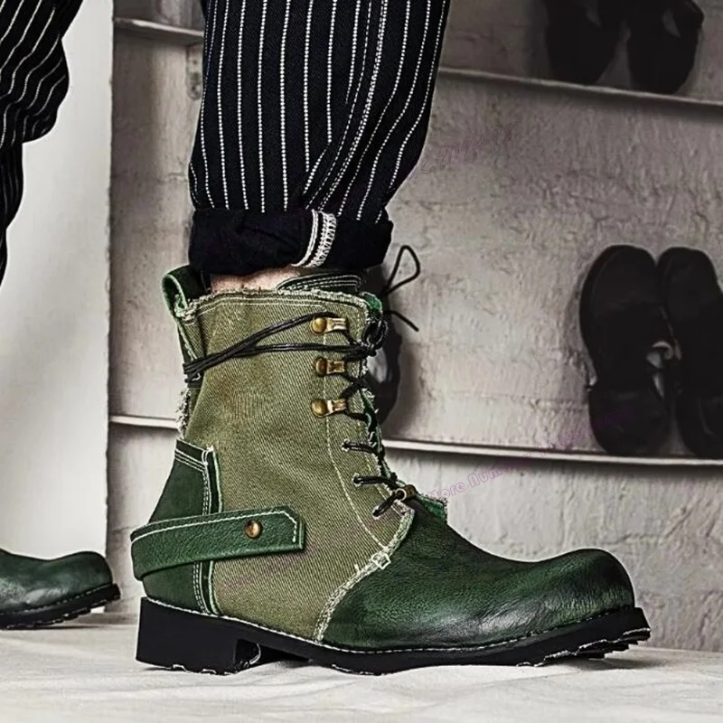 

Green Patchwork Round Toe Men's Ankle Boots Strappy Decor Cross Tied Chunky Heels Shoes 2025 New Style Vintage Fashion Shoes