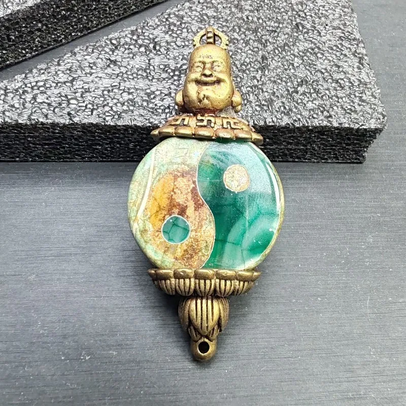Tibetan-Style Dzi Bead Pendant With Copper Inlay Jade, Featuring Tai Chi Bagua Motifs, Vintage Guanyin And Maitreya Budd