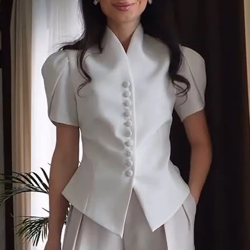 

Chic Solid Irregular Splice Coat Fashion Single Breasted Slim Fit Office Commute Top Elegant Stand Up Collar Bubble Sleeve Shirt