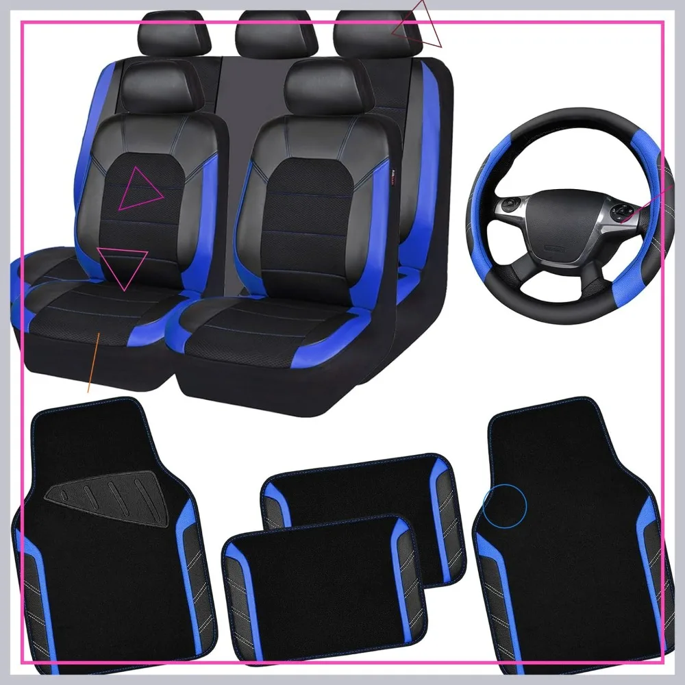 

Universal Car Seat Covers, Waterproof Floor Mats & Steering Wheel Cover Set for Cars, Trucks, SUVs in Black and Blue