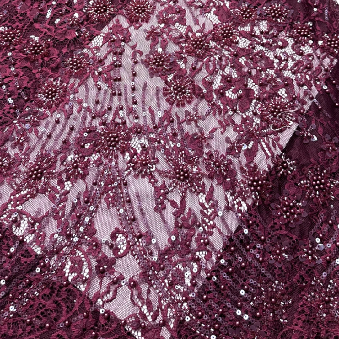 

Burgundy French Tulle Lace Fabric African Nigerian Sequins Beaded Embroidery High Quality for Wedding Party Dress by 3 meter