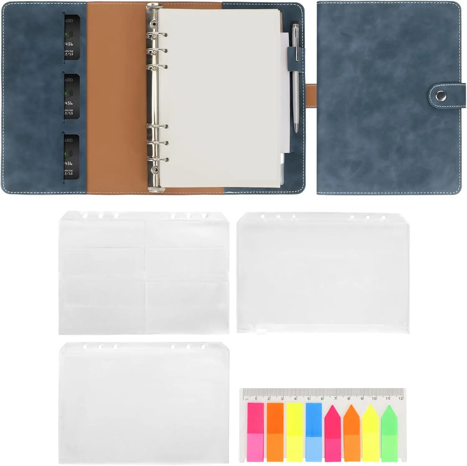 A5 PU Leather Binder 6-Ring Notebook Binder with Refill Paper, Sticky Notes and Magnetic Buckle for 6 Hole A5 Filler Paper