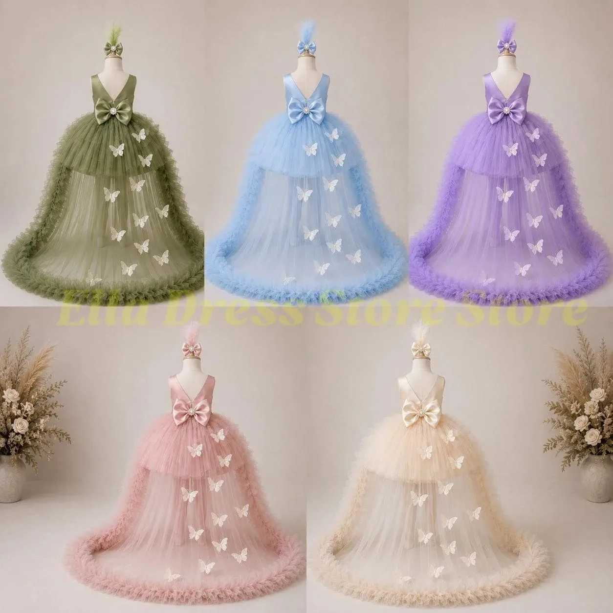 Maßgeschneidertes lila Blumenmädchenkleid aus Tüll mit Schmetterlings-Diamanten, Schleife und Schleppe für Hochzeit, Geburtstag, Abschlussball, Party, Bankett. – Detail 5