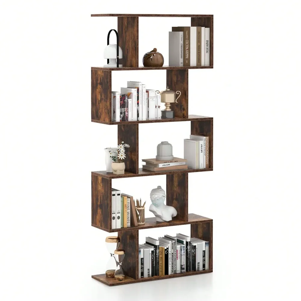 

5Tier Bookshelf Geometric SShaped Bookcase Room Divider Storage Display Shelf