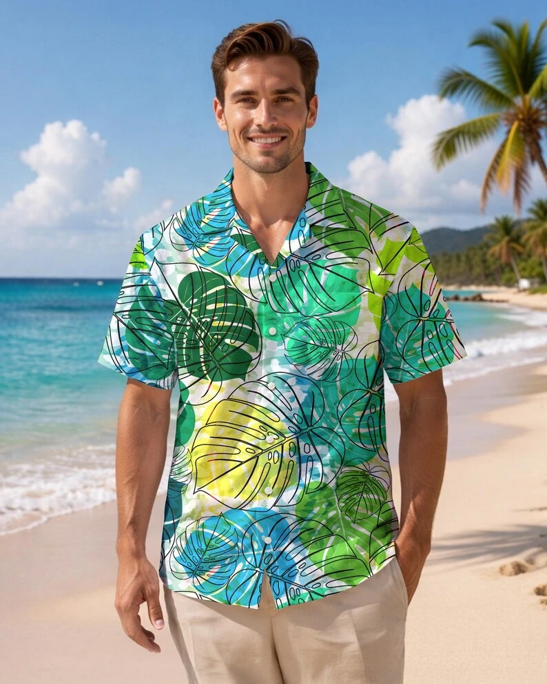 

2026 Summer New Men's Green Brown Tree Hawaiian Button Shirt Loose Quick Drying Sports Vacation Style Parent Child T-shirt