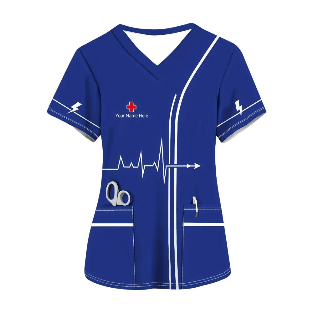 الزي الجراحي امرأة مريحة الخامس الرقبة قصيرة الأكمام جيوب أمامية مزدوجة قمم الممرضة تنوعا طباعة الزي السريري امرأة