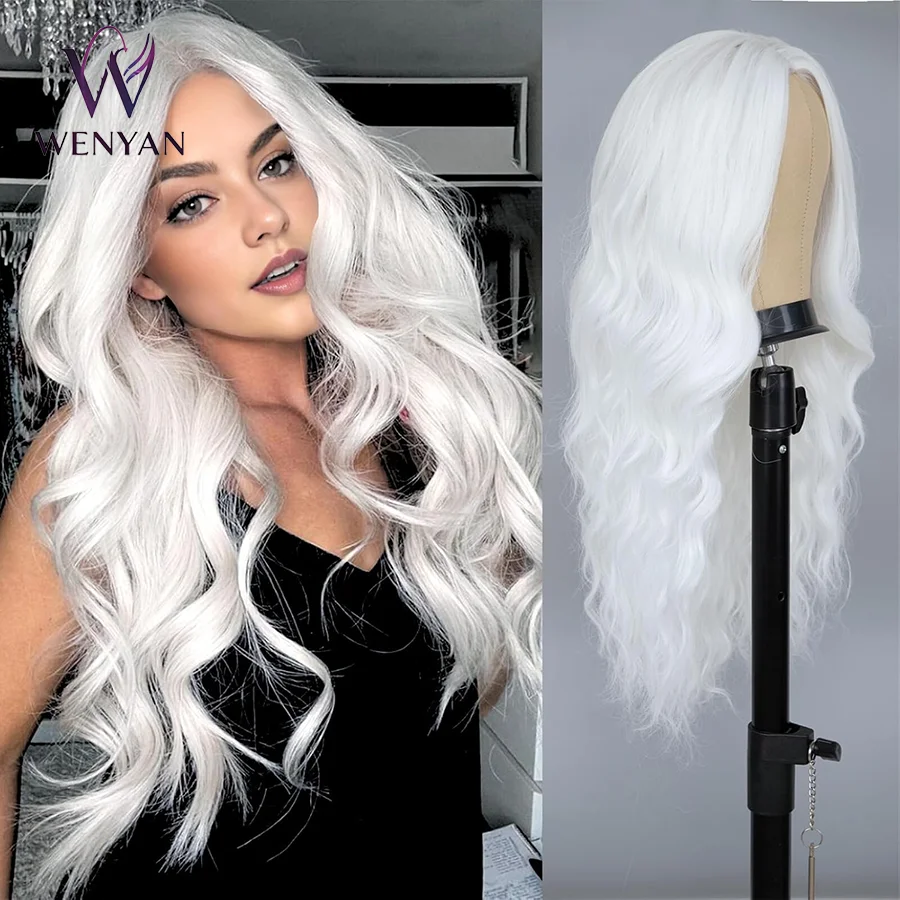 

26 inch Long White Wigs for Women,Hairline Middle Part Long Curly Wig Heat Resistant Synthetic Hair Looking Natural, Fiber Wig