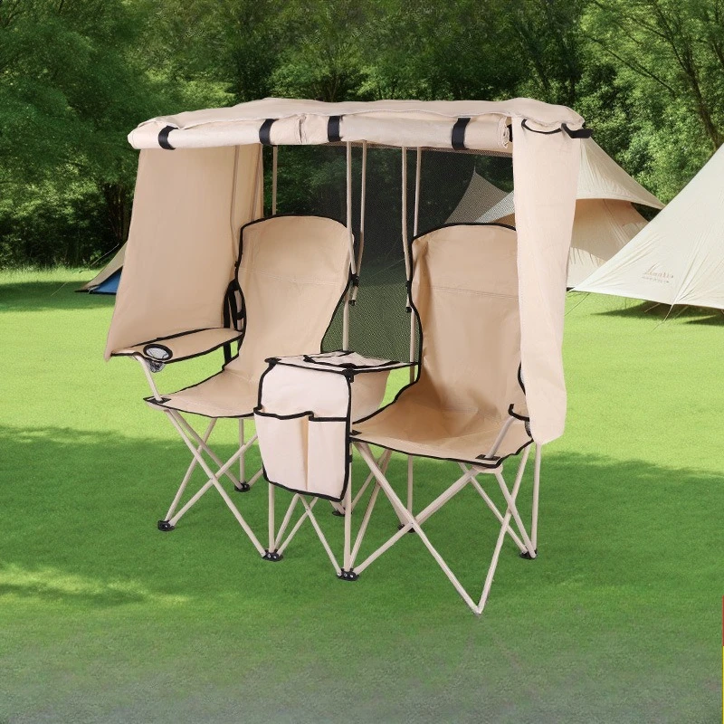 Portable Double Camping Foldable Chair with Integrated Shelter Outdoor Beach Fishing Recliner