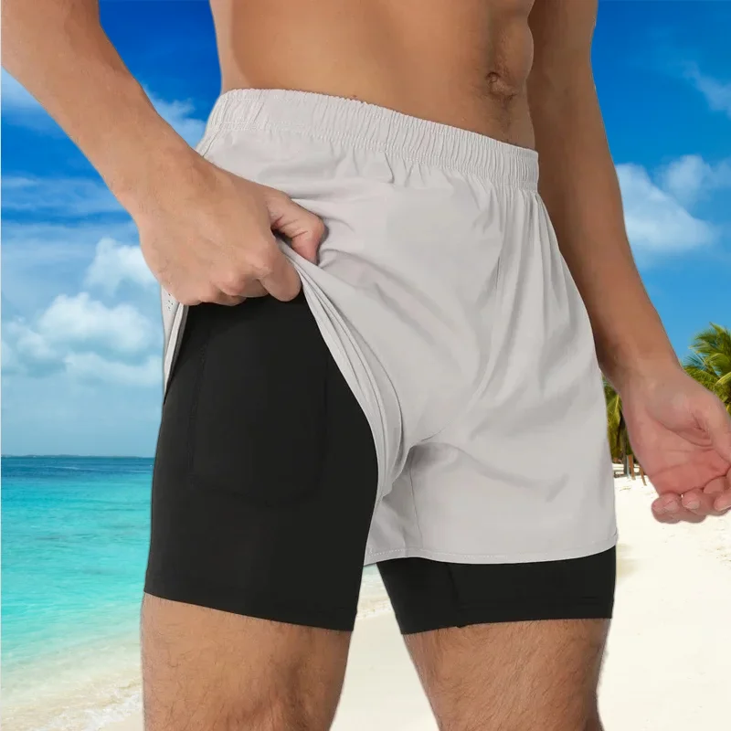 Męskie spodenki do biegania na siłownię, szybkoschnące, czarne, dwuwarstwowe, sportowe, treningowe, do kulturystyki, krótkie spodnie męskie.