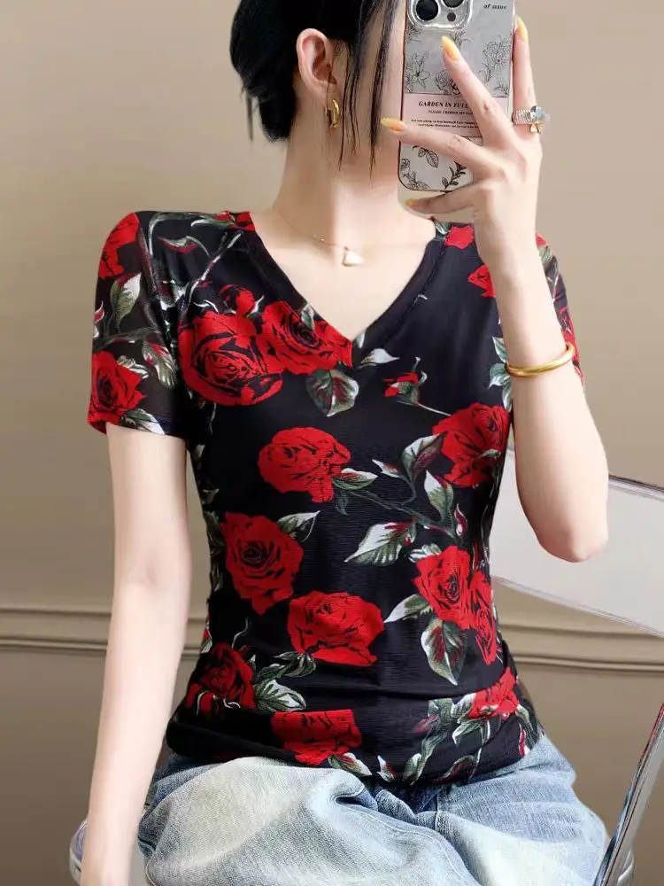 Red Floral V-Net Mesh Top Women's Summer Blouse - Breathable Short Sleeve Lightweight T-Shirt Feminine