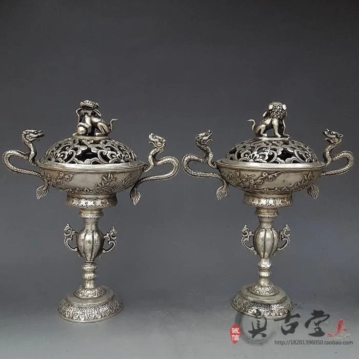 Special Antique Pure Copper Brass Silver-plated Lion Dragon Ear Incense Burner Meilan Bamboo Chrysanthemum Smoker Plate Incense