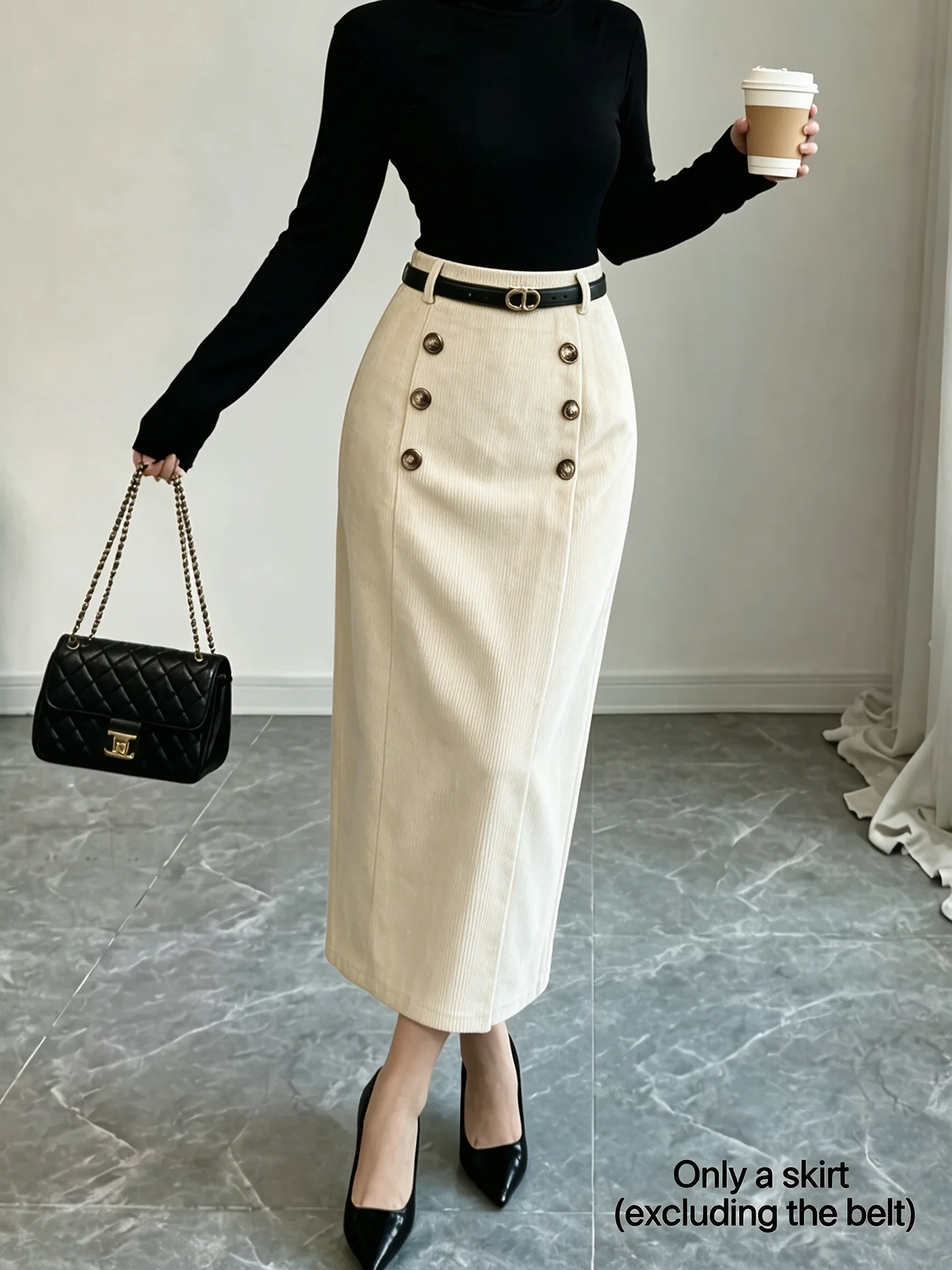 Women`s Dress No Belt Office Elegant High Waist Corduroy Midi Skirt Autumn Vintage Double Breasted Midi Skirt Retro Casual Daily