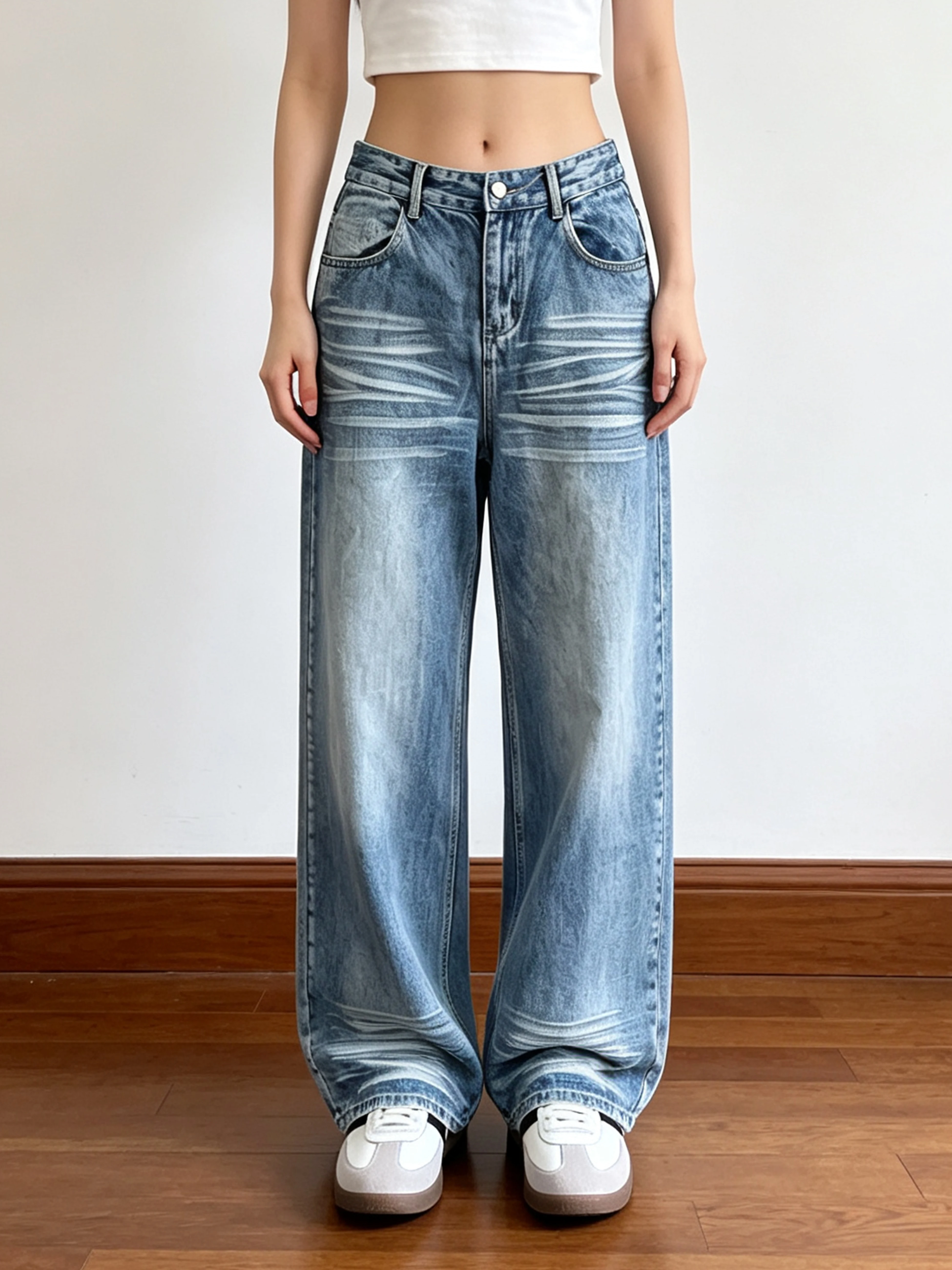 Universal American Retro Straight Leg Floor-Length Pants Women's Embossed Wide Leg Slimming Street Neutral Jeans