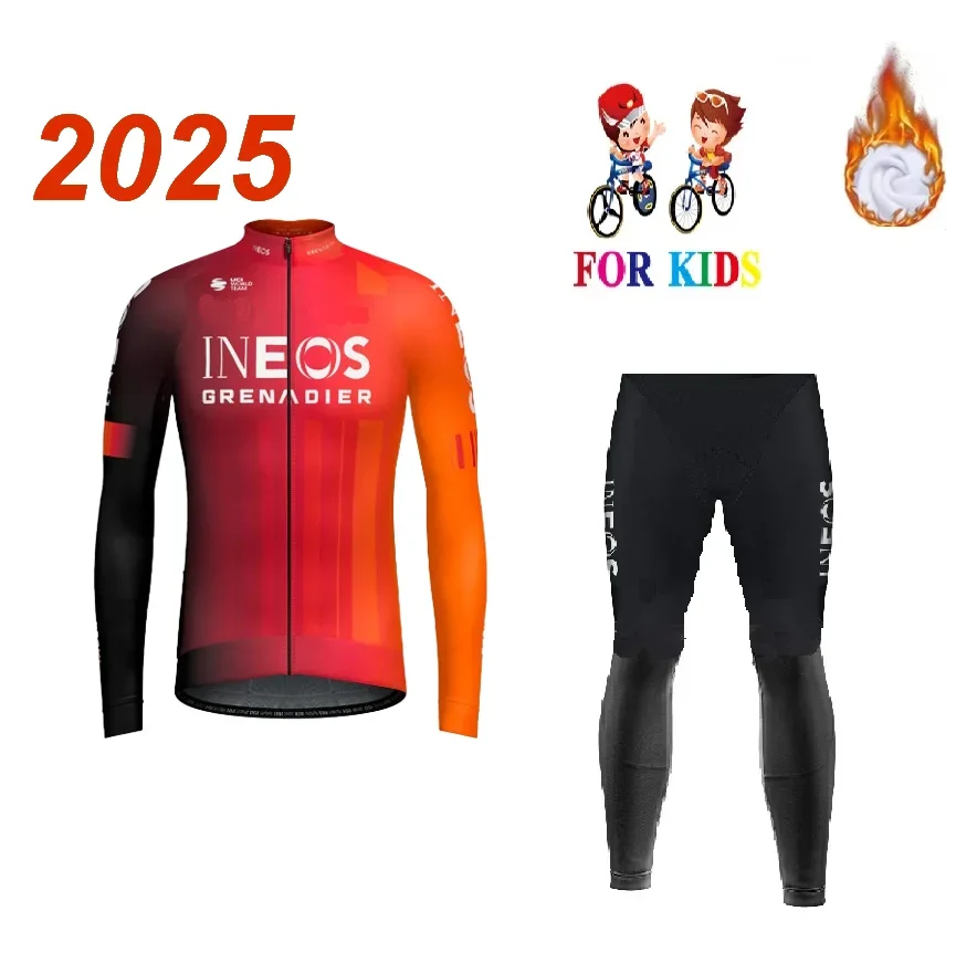 KID'S Children Winter Fleece Thermal 2025 INEOS GRENADIERS Team Cycling Jerseys Long Sleeve Bike Wear Clothing With  Pnats