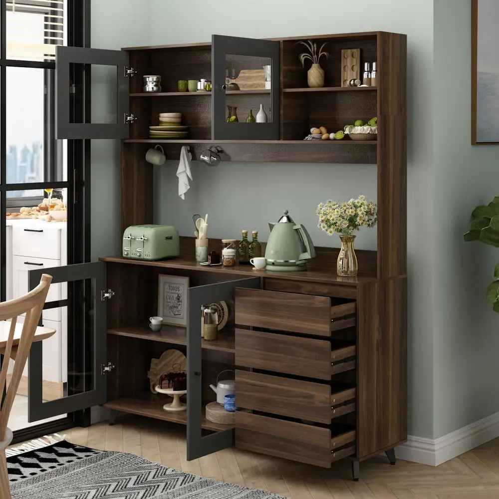 

74.8 Tall Kitchen Pantry Cabinet with 4 Drawers, Microwave Stand, Hutch with Buffet Cupboard, Suitable for Kitchen and Dining Ro