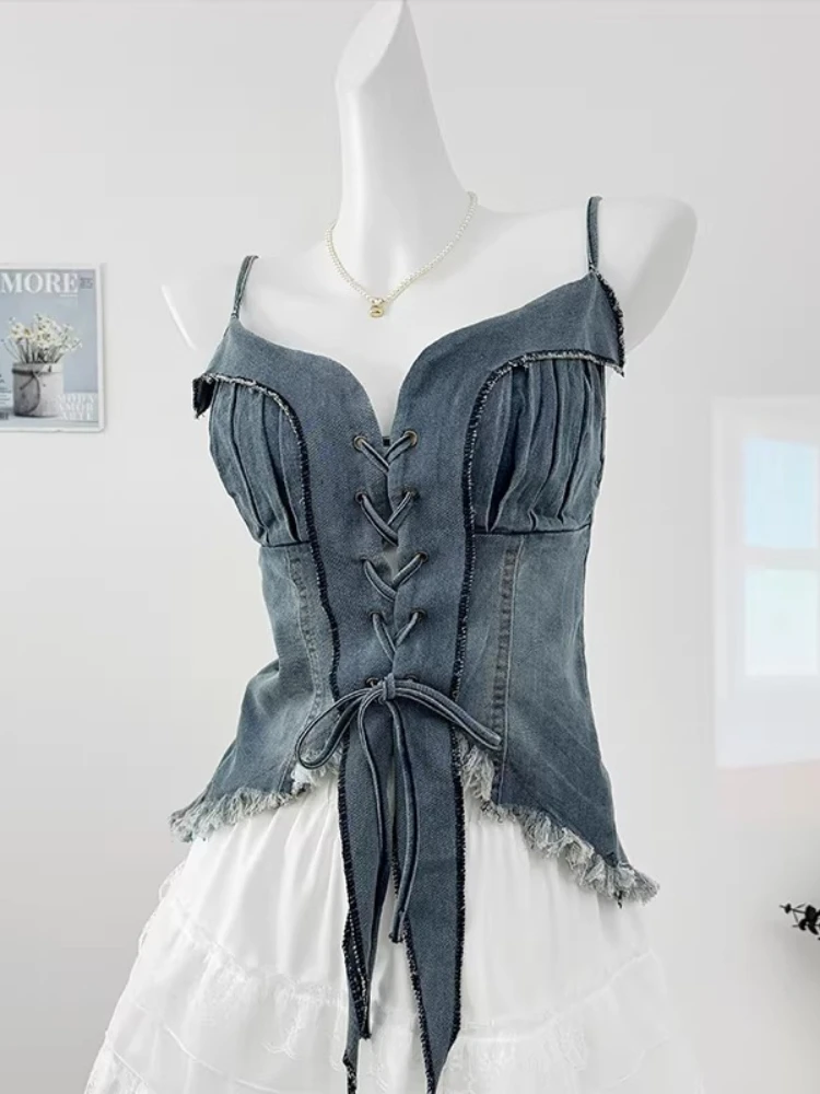 

Spicy Style Irregular Lace-up Fringe Denim Cami Top for Women Summer Cropped Denim Sleeveless Tank Top Daily Going Out Inner Top