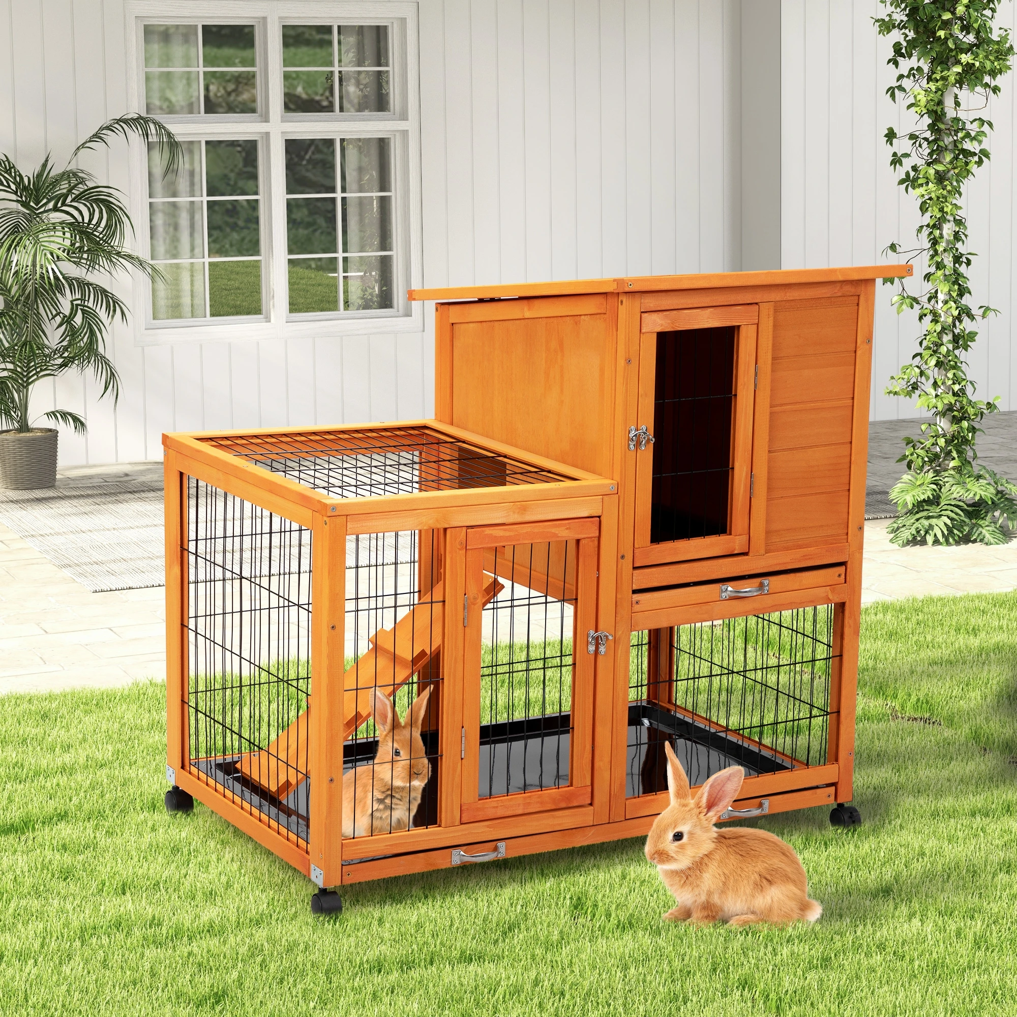 

Detachable Rabbit Hutch with Removable Tray and Rolling Casters