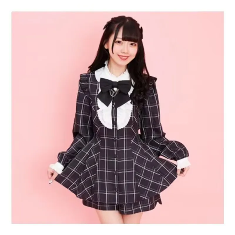 ゴシックラインストーンボウプレードドレスショーツツーピースセットレディース衣装ロリータパフロングスリーブボタンシャツY2kドレスセット