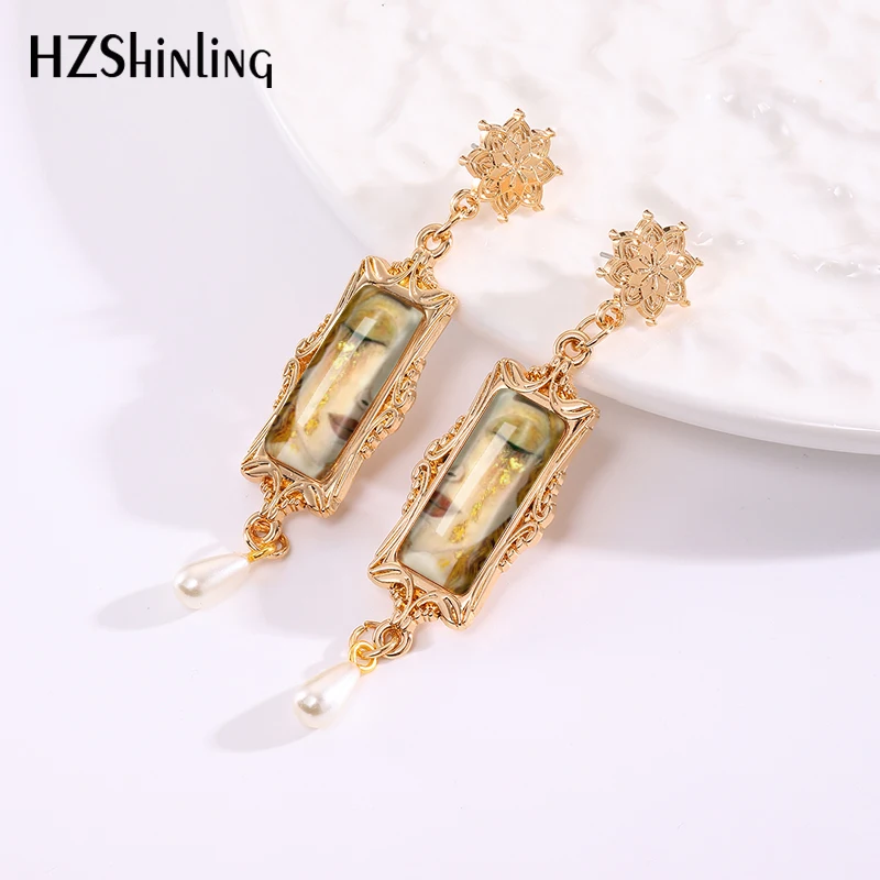 2024 New Gustav Klimt Art Drop Earring Golden Tears Retro Rectangular Earrings Golden Mandala Charm Glass Cabochon Jewelry