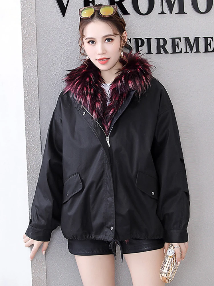 Nerazzurri Winter Black Thick Warm Faux Fur Lined Parka Women with Detachable Faux Rabbit Fur Lining Inside Fluffy Jacket 2024