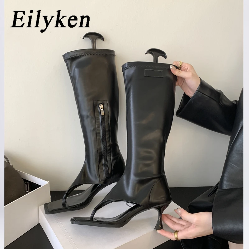 Eilyken Silver Open Toe Clip-On Knee High Boots Women Modern Booties Thin Low Heels Side Zipper Spring  Party Pumps Sandals Shoe