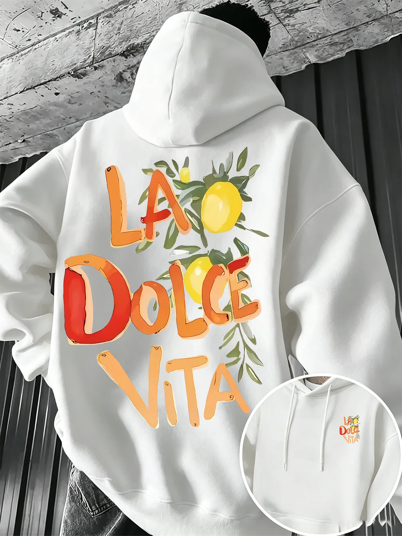 Italian lemon men's hooded sweatshirt with lemon leaf and stem print - stylish, fashionable and comfortable hooded shirt