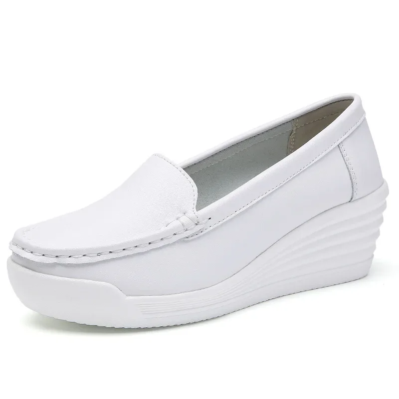 Women\'s Nurse Shoes Soft Sole White Wedge Leather Sneakers Casual Work Non-Slip Flats Anti-Slip Nursing Shoe Mom Walking Loafers