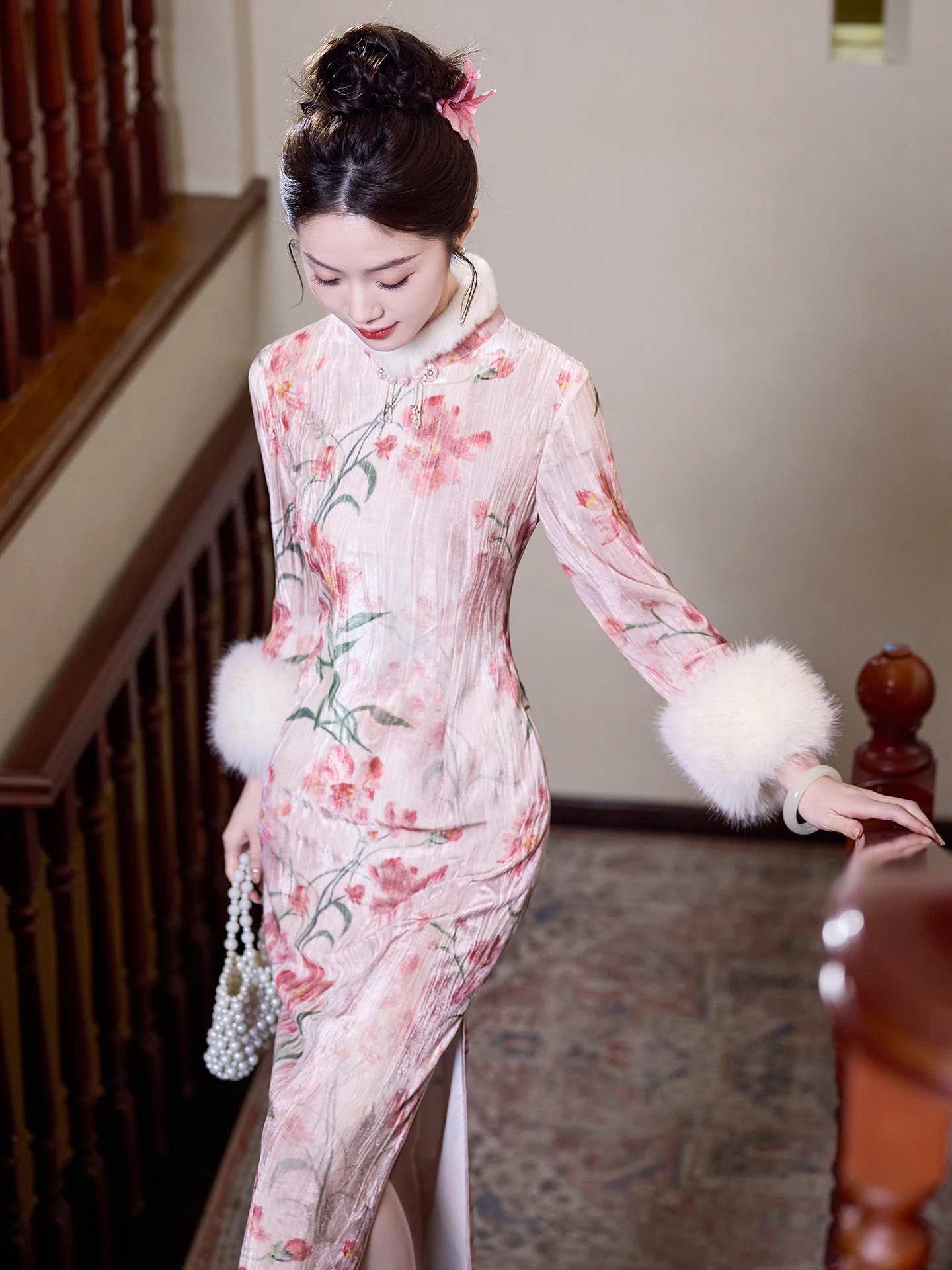 

Розовое платье для помолвки с длинным рукавом, молодежное, для важных мероприятий, легкое, для повседневной носки, винтажное, с низким разрезом, из полиэстера.