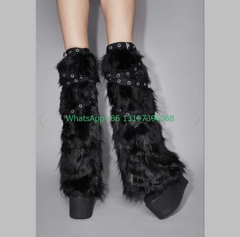 Lady platform fur black punk design knee boots Y2K style dance dress boots lace-up design punk gothic style feather boots size