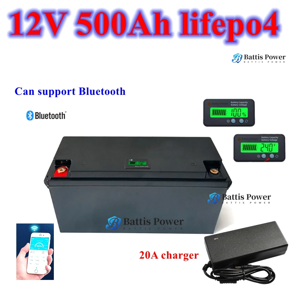 12V 500AH 600Ah Lifepo4 battery lithium deep cycle with bluetooth BMS APP for Solar Storage trolling motor boat +20A charger