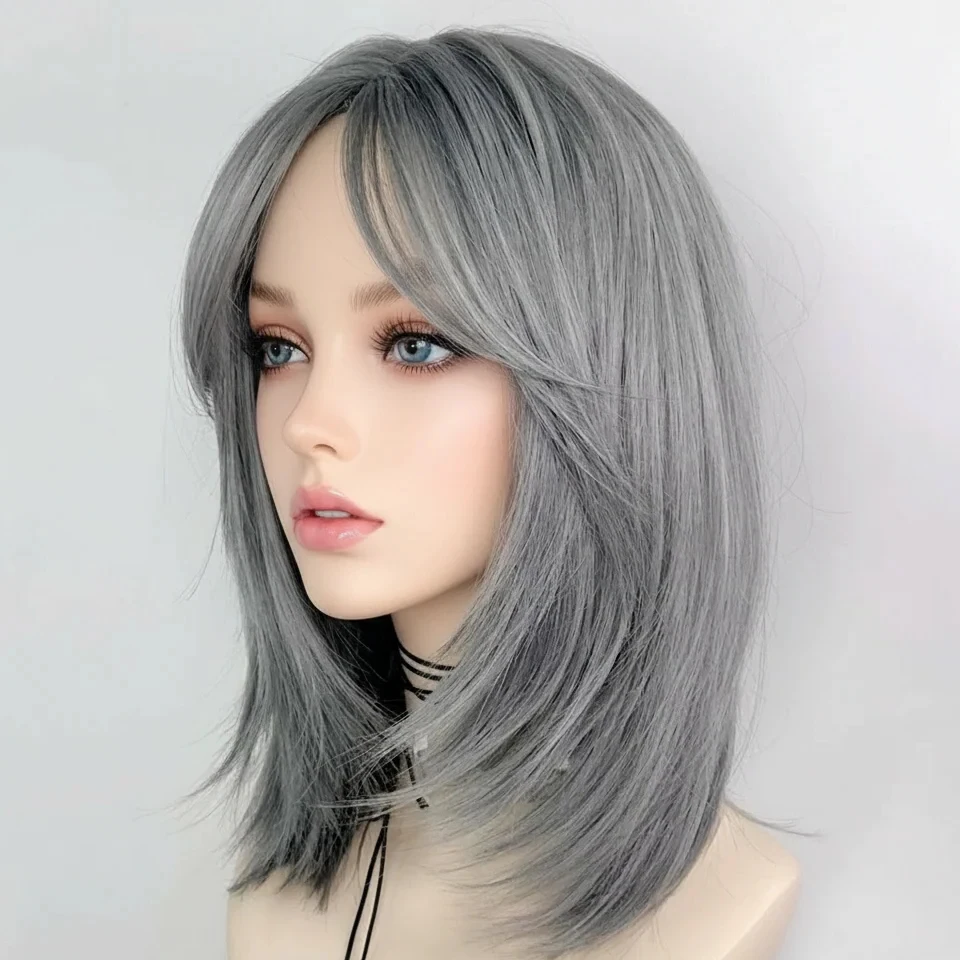 Grey Layered Synthetic Natural Wig Short Straight Wig with Bangs for Women Daily Party Wigs Heat Resistant