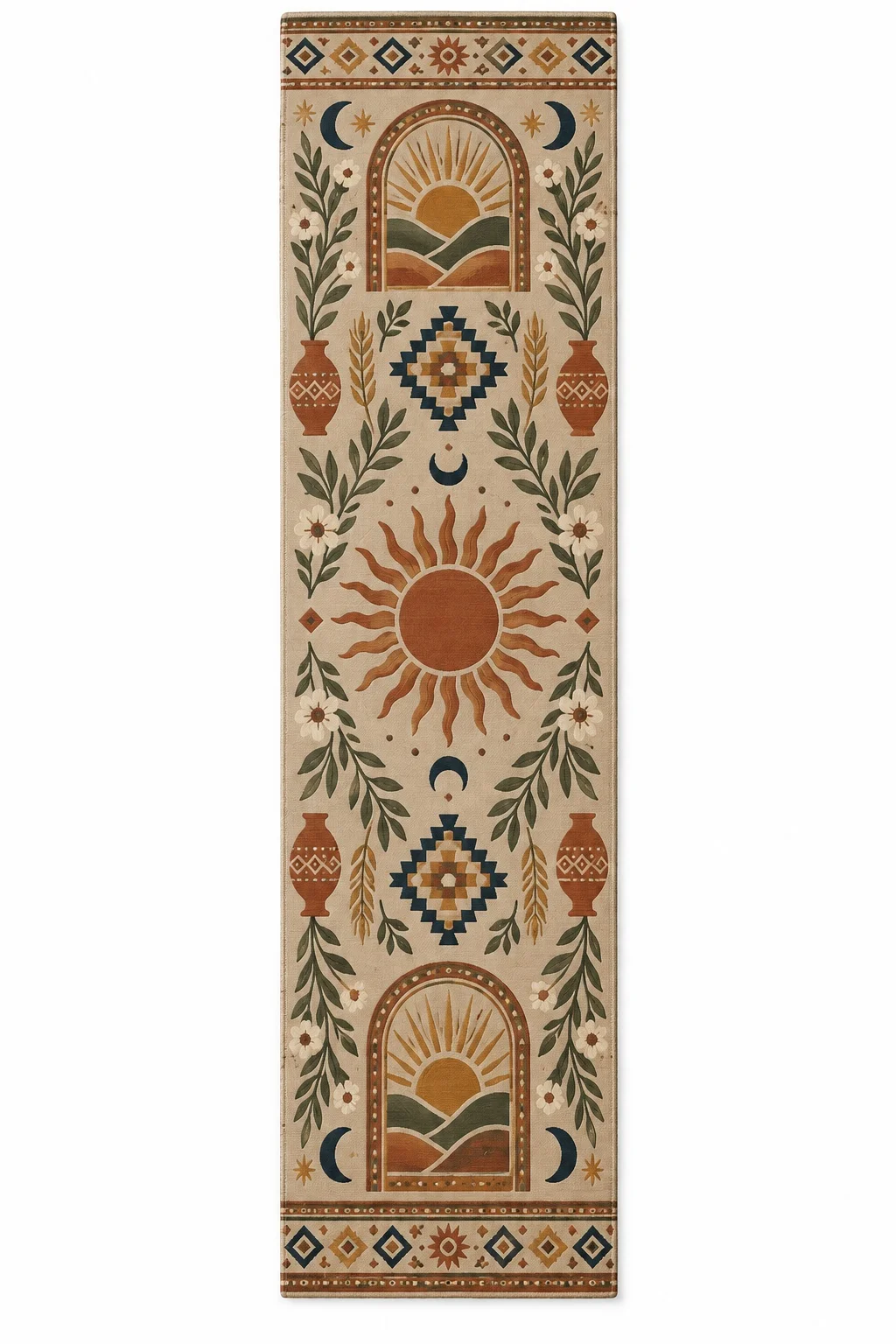 Boho Sun Arch Table Runner Beige Desert Pattern Long Tablecloth Vintage Floral Geometric Dining Room Kitchen Home Decoration