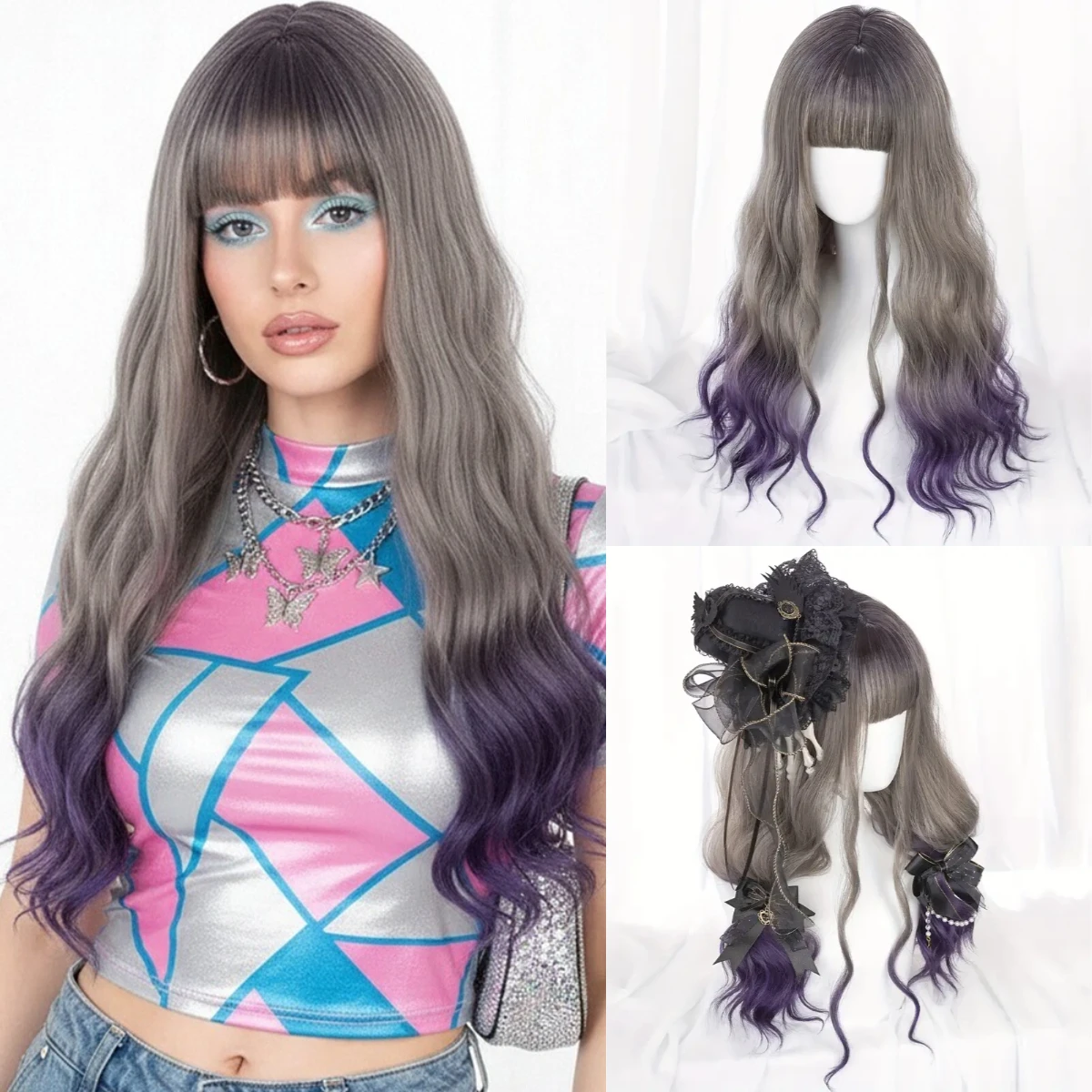

Women Synthetic Long Wavy Wig Gradient Gray Purple Wig With Bangs Lolita Cosplay Heat Resistant Wig For Daily Party